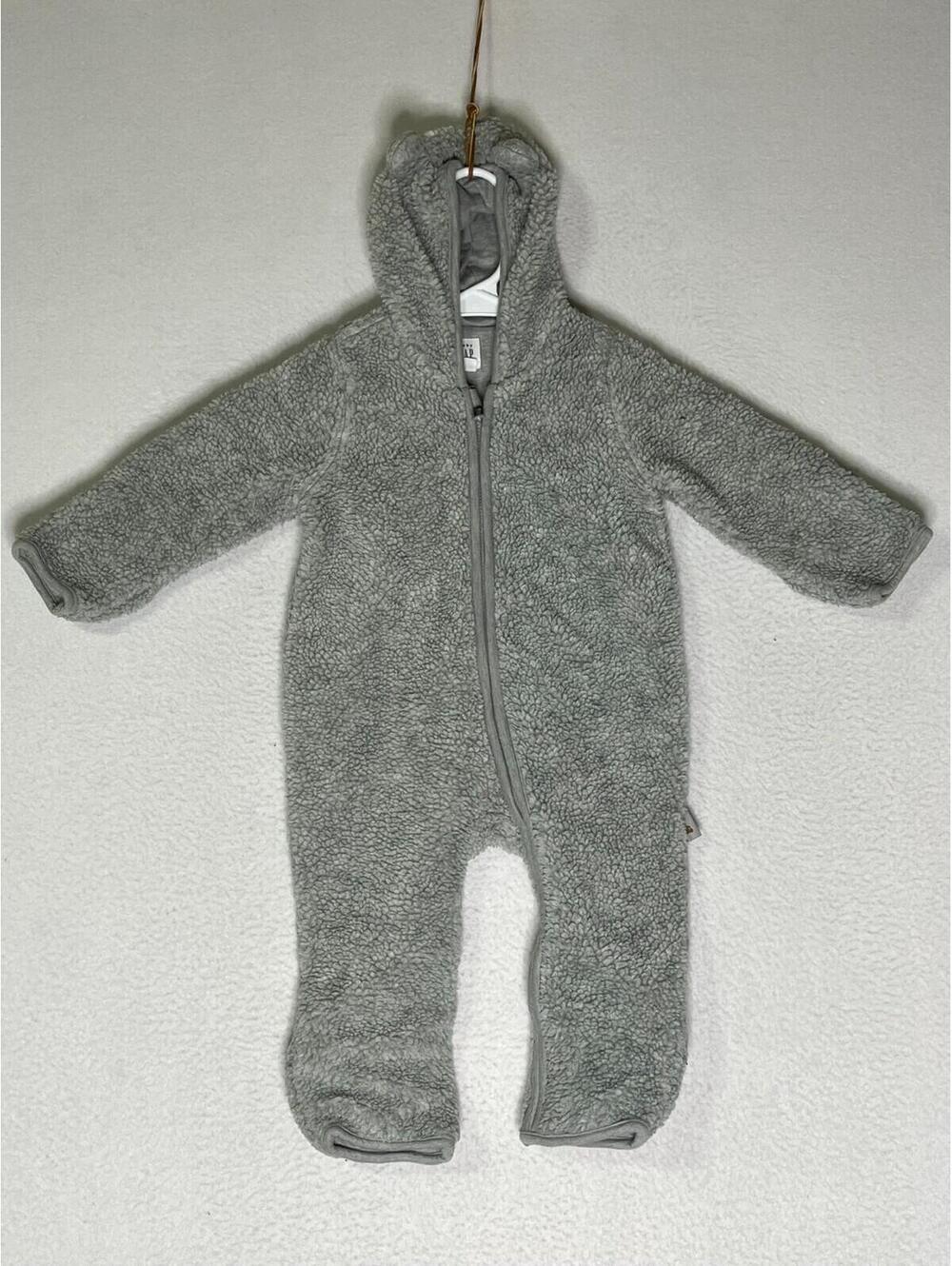 Baby Gap Heather Gray Fleece Bear Overall Snowsuit Hooded Kids Size 6-12 Months